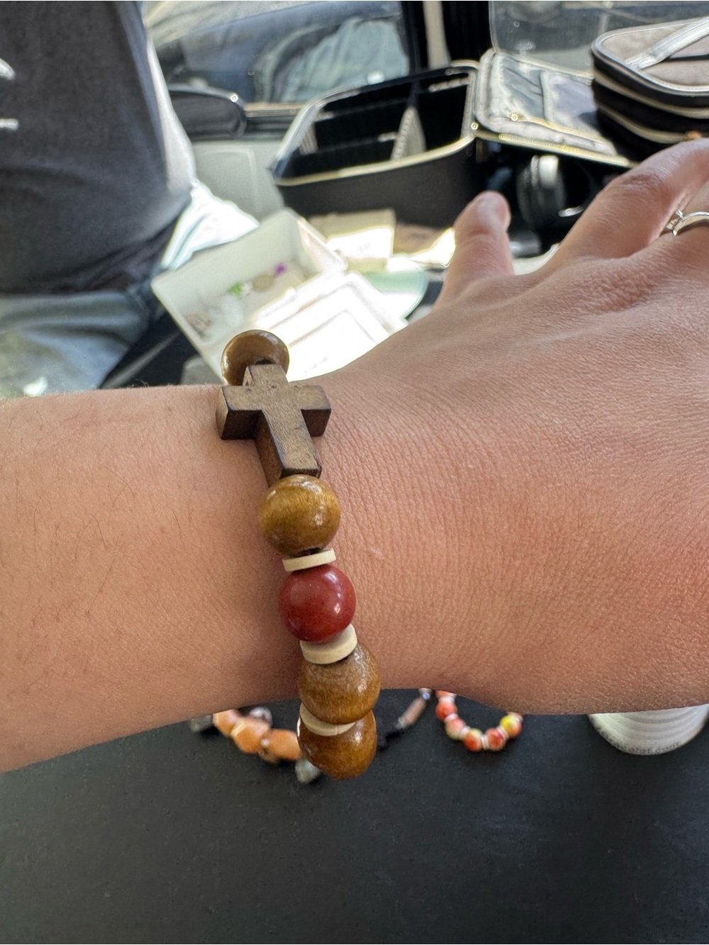 Wood Bead Bracelet with Cross Pendant - Brown & Terracotta - Picture 2 of 2